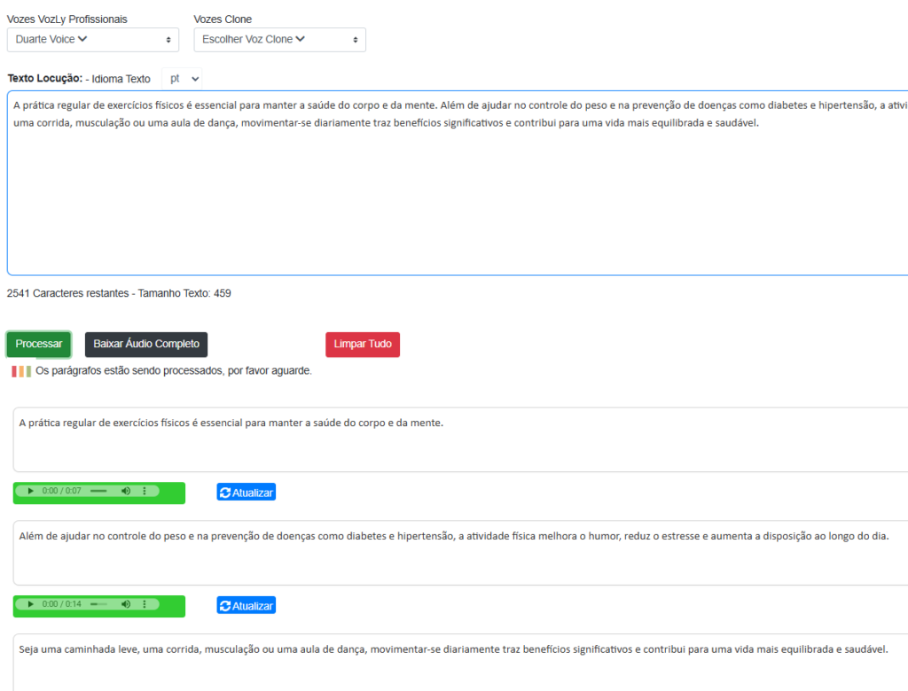 processamento de narração com a vozly
